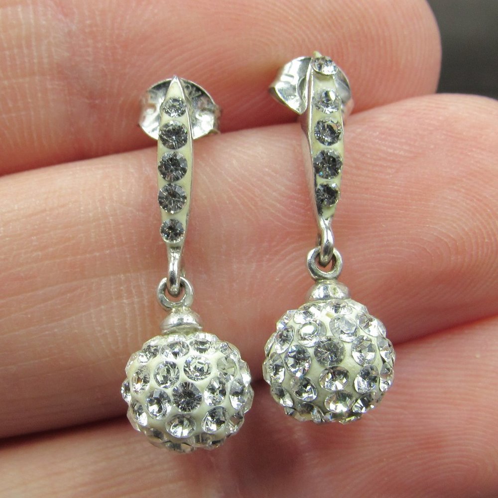 Sterling Silver Clear Crystal Ball Dangle Earrings